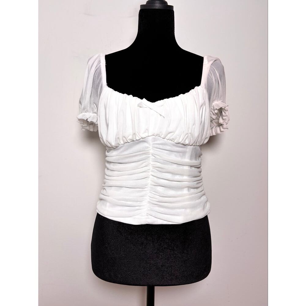 White Ruched Short Sleeve Blouse - Women's